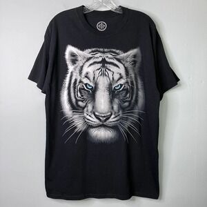 Dom Blue Eyed White Tiger Face Black Graphic Short Sleeve Men's T-Shirt Size L